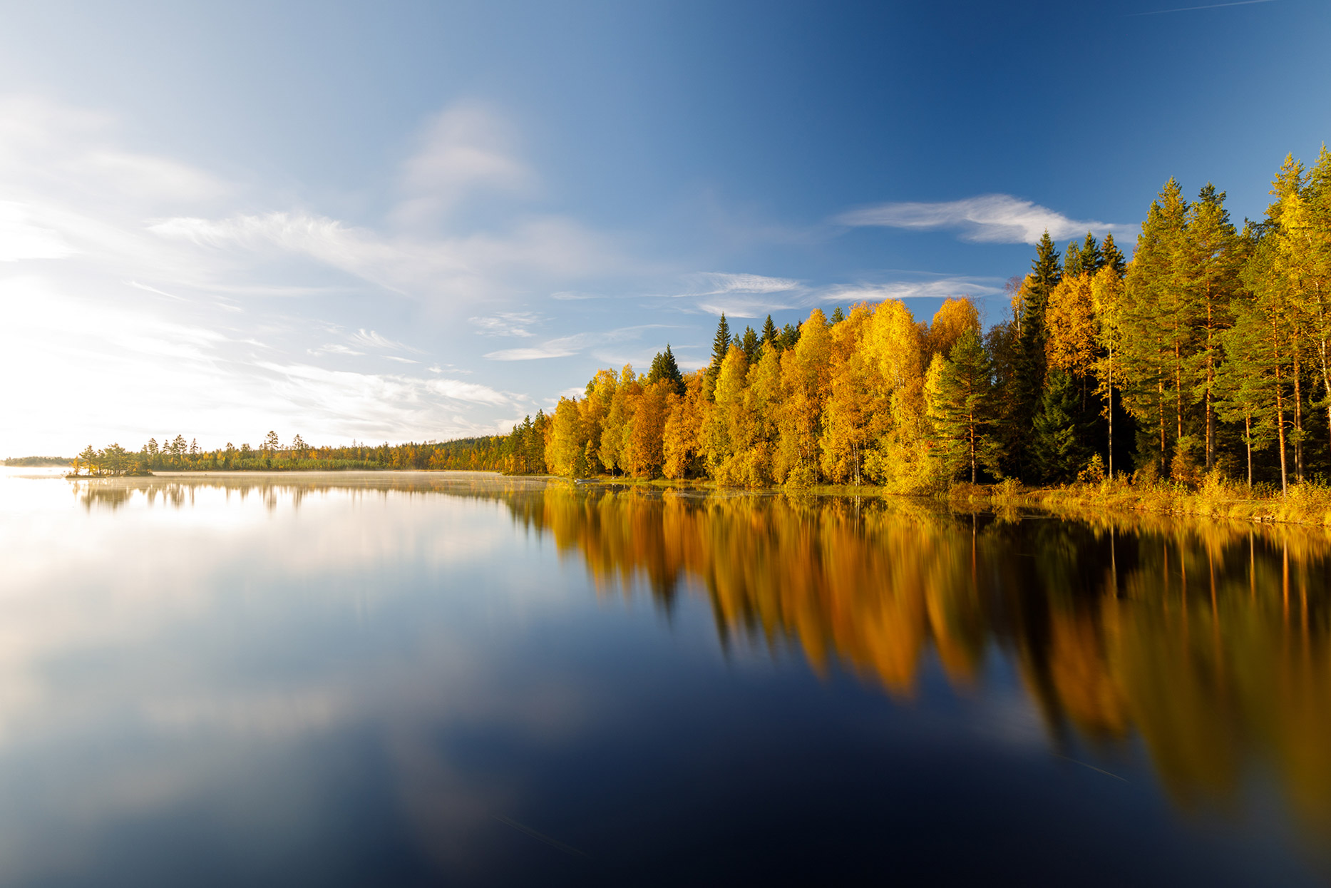 Golden autumn lake with colorful trees in a Nordic landscape