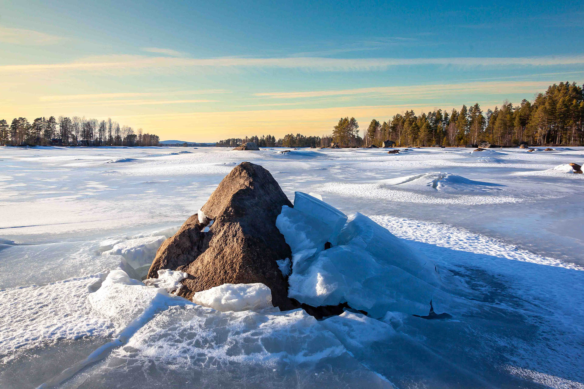 Ice-covered rocks in a winter landscape